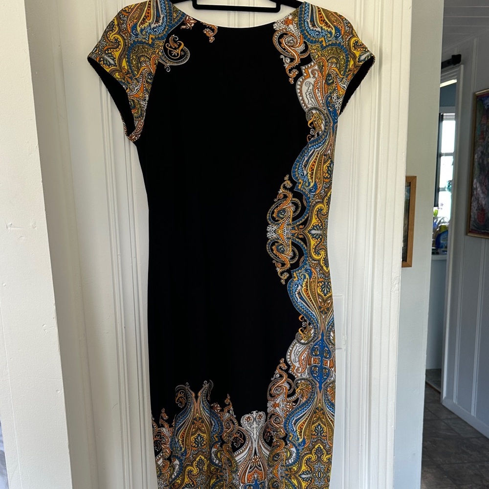 Cache Black Midi Dress with Blue, Gold & Tan Paisley Trim